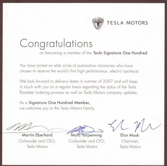 Tesla Signature One Hundred Certificate