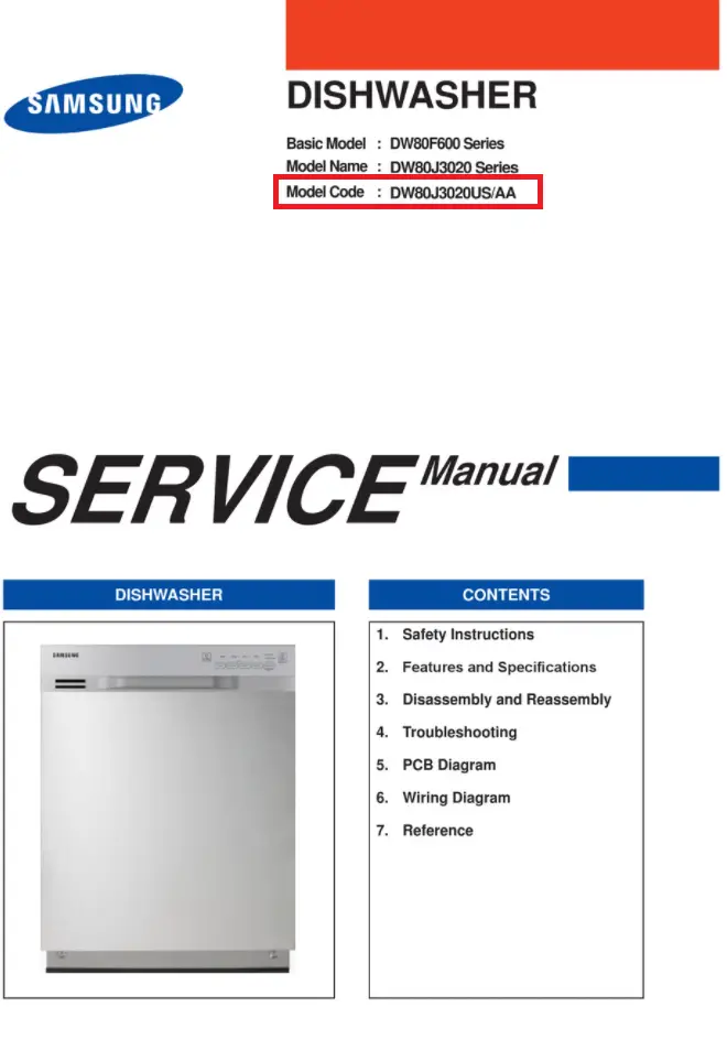 Número do modelo da máquina de lavar loiça Samsung no manual de serviço