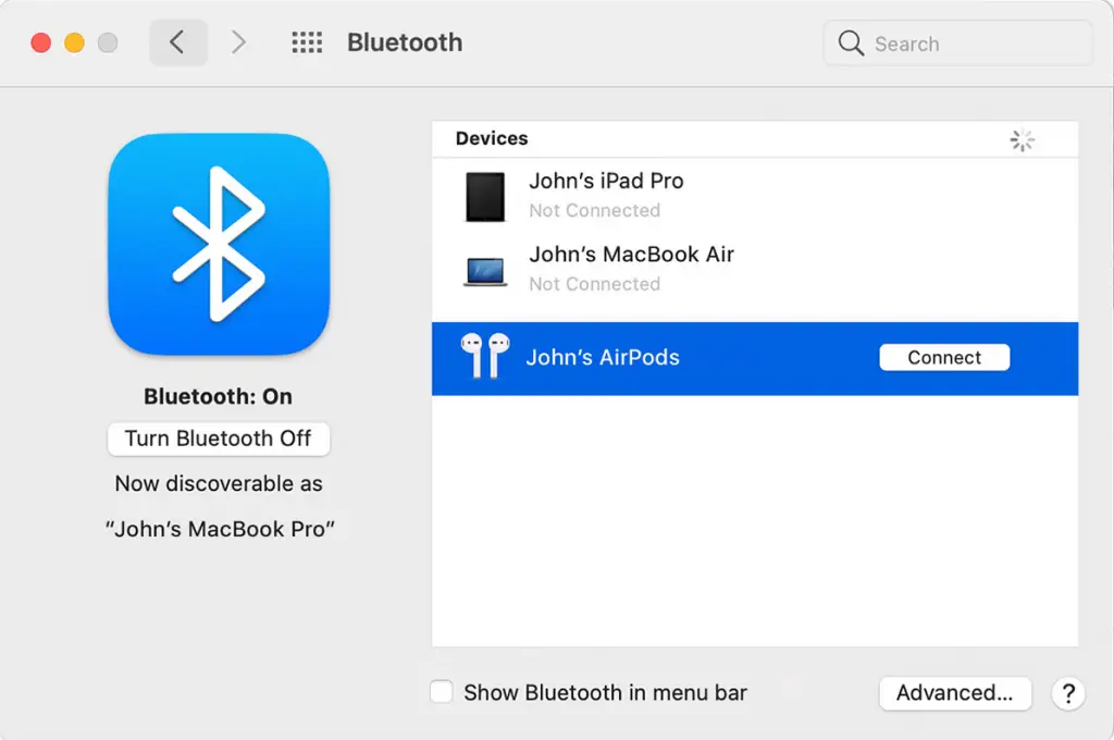 Escolha AirPods em Dispositivos no Mac